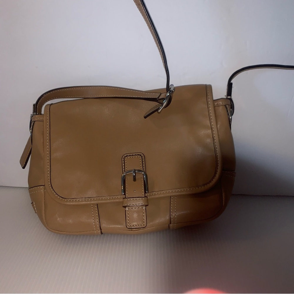 Y2K Coach Crossbody Bag with Minimalist Design camel tan with pink interior